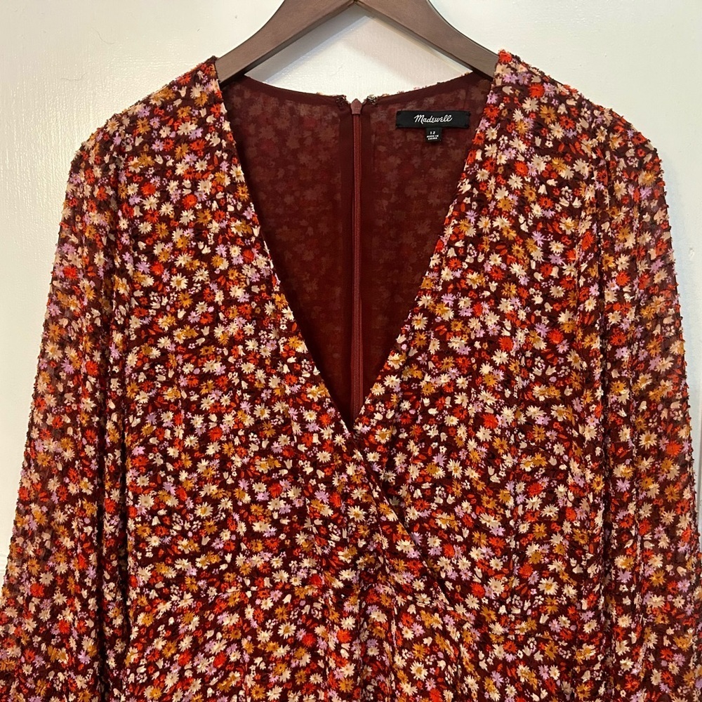 Madewell Long Sleeve Crossover Midi Dress Clipdot Spring Prairie Size 12 - Picture 3 of 6